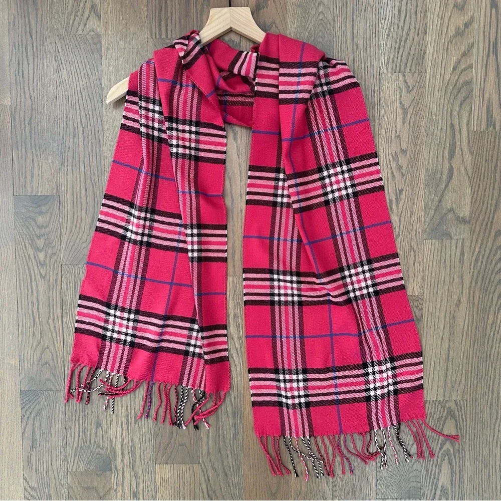 Anthro Vintage Plaid 100% Cashmere Oblong Scarf in Pink Multicolor 72